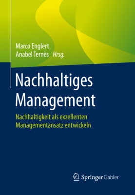 Cover von "Nachhaltiges Management" mit weißen Text auf dunkelbaluen Hintergrund. Im oberen bereich ist ein grüner Verlauf.